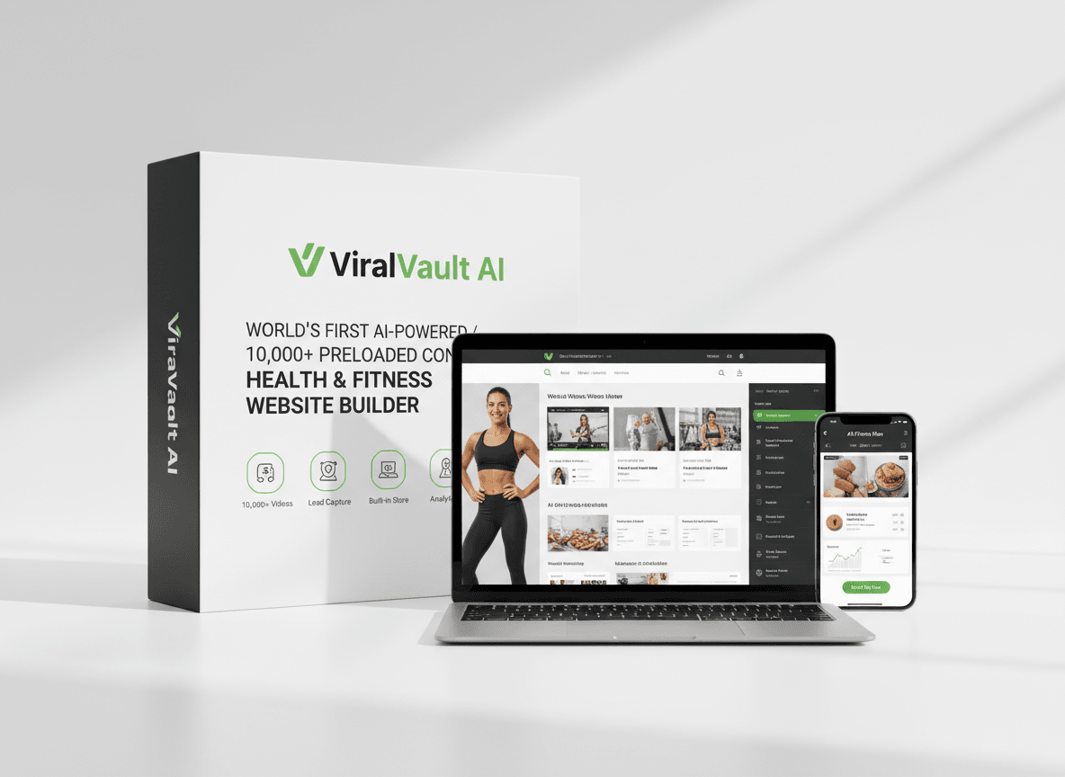 ViralVault AI product box, laptop and phone