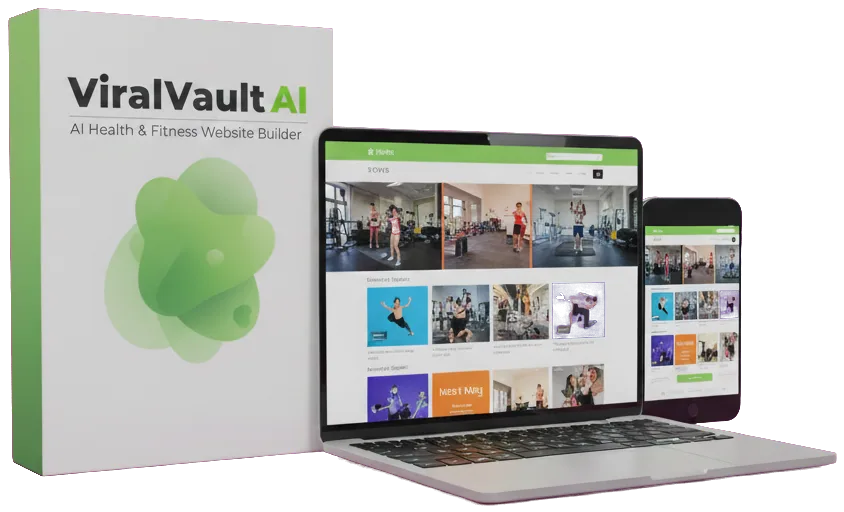 The ViralVault AI software box beside a laptop and phone, both showing a preloaded health and fitness site