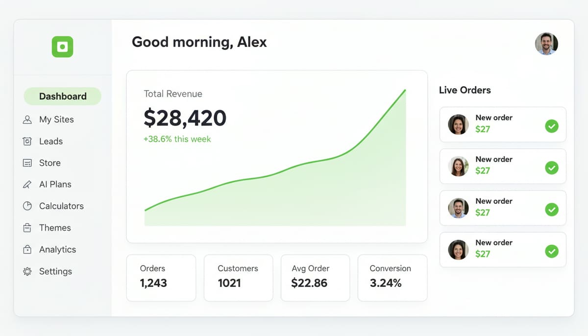The store dashboard: revenue climbing, and a column of paid-order notifications arriving