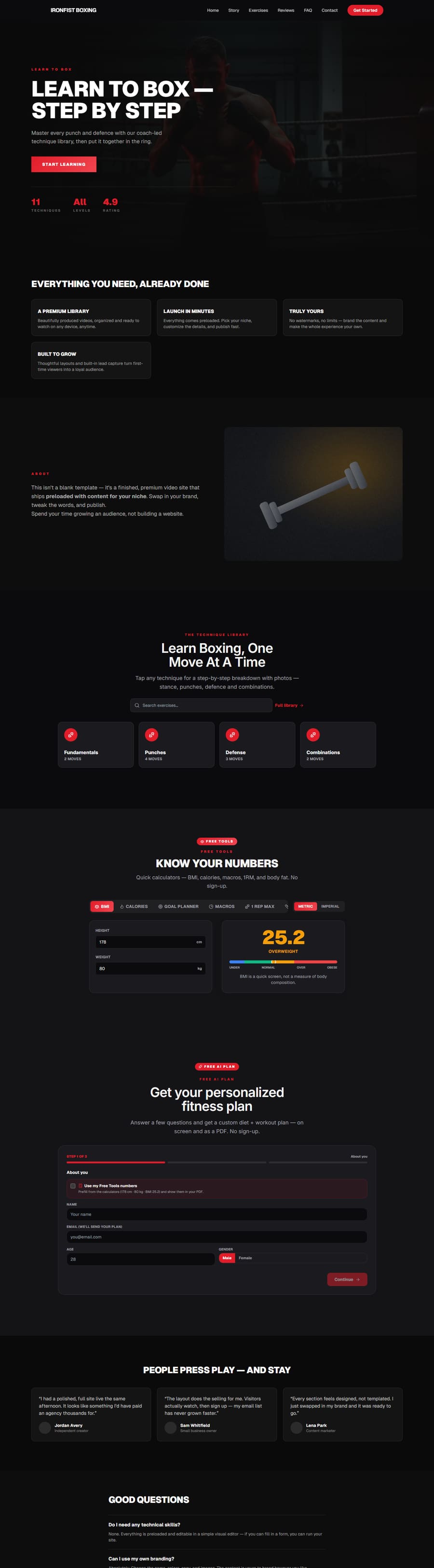Live boxing demo site, dark theme with a ring hero and step-by-step technique library