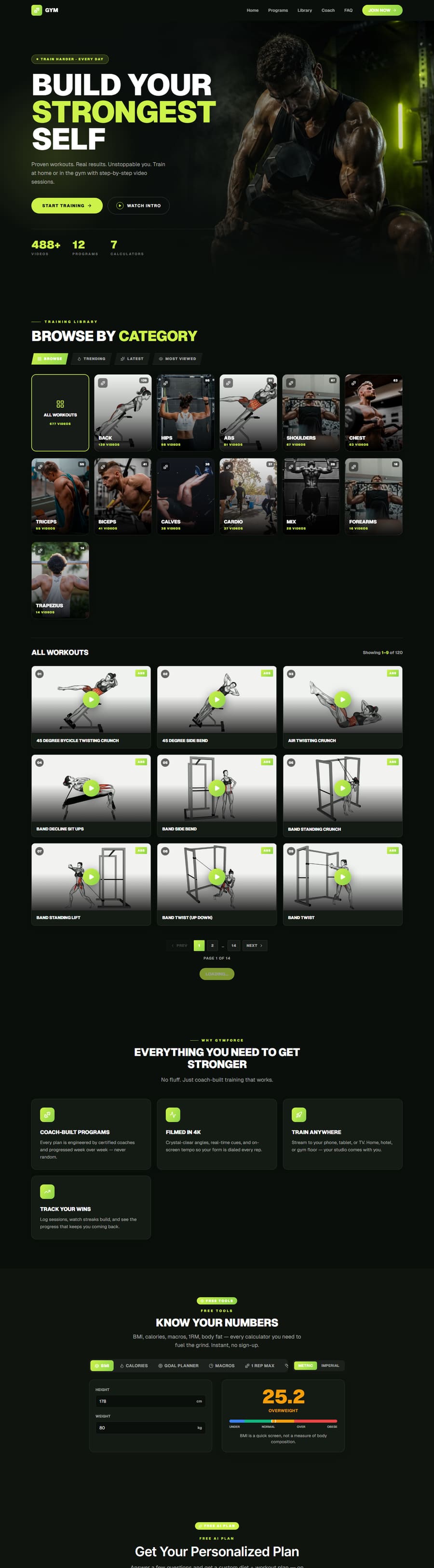 Live gym demo site, dark theme with a bold hero and a full strength library