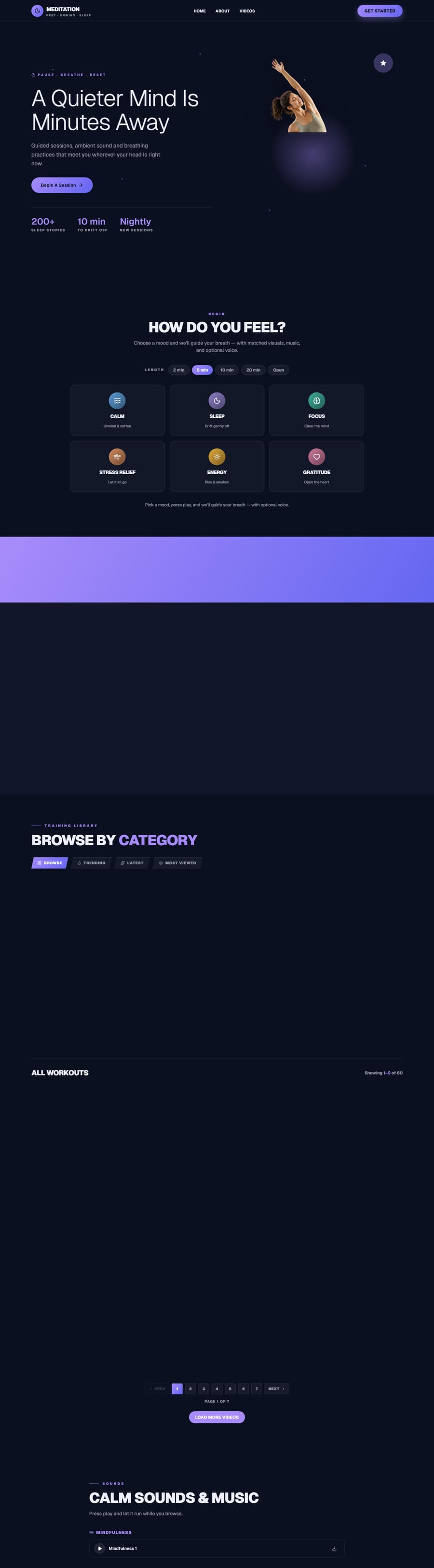Live meditation demo site, dark night-blue theme with a mood picker and ambient player