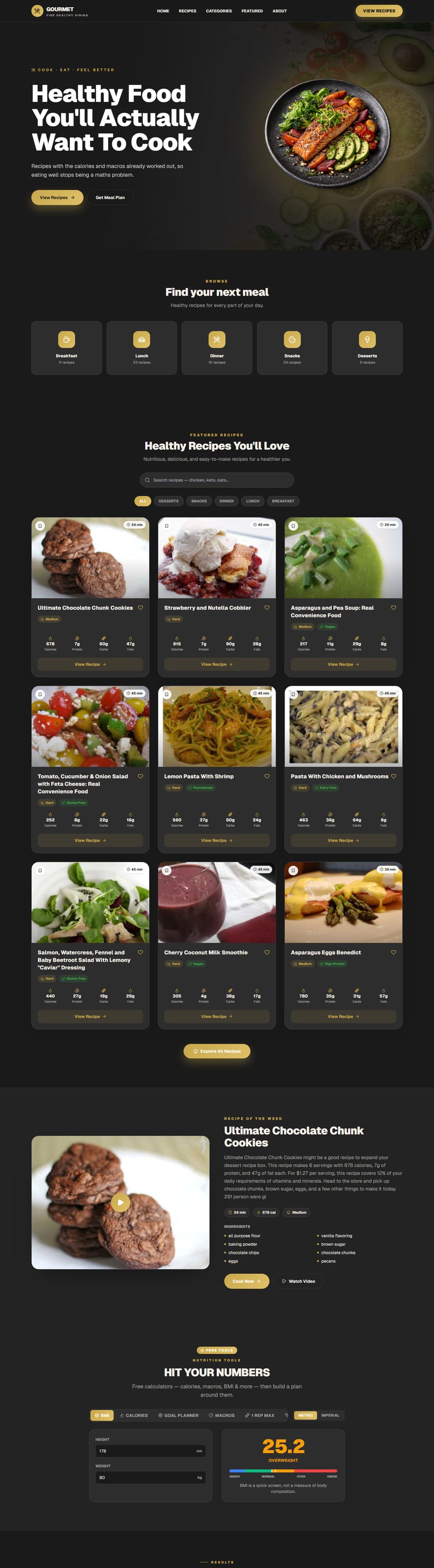 Live recipes demo site, dark gourmet theme with a plated dish and macro-counted recipe cards