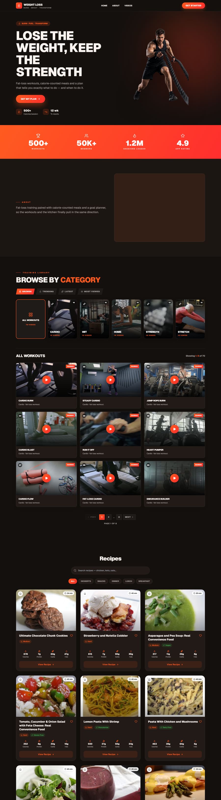 Live weight-loss demo site, dark theme with an ember accent and a battle-rope athlete