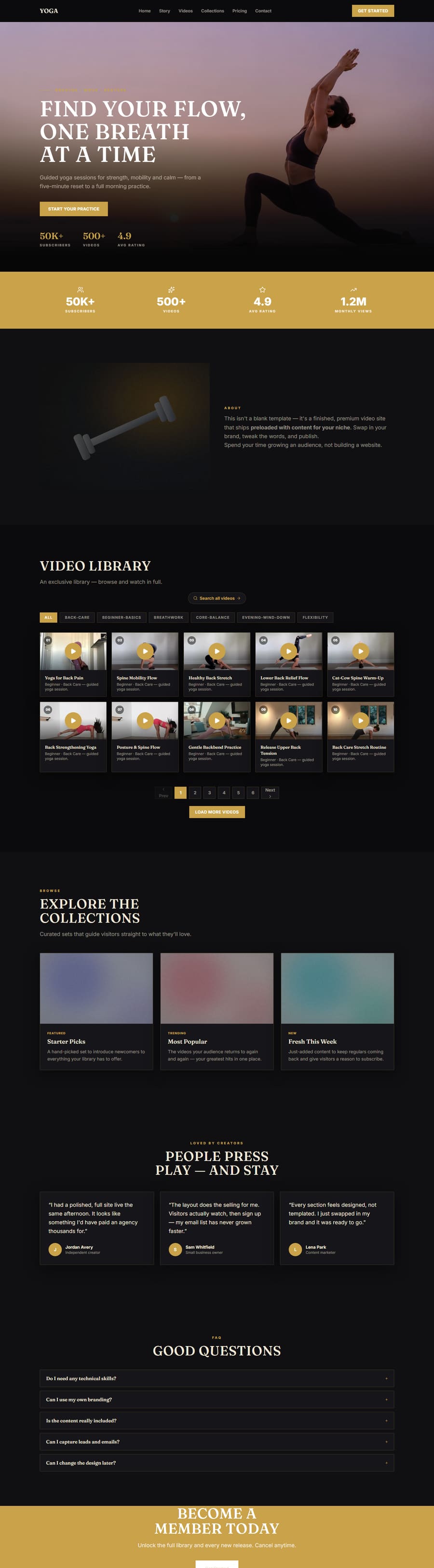 Live yoga demo site, dark navy theme with a full-bleed practice photograph