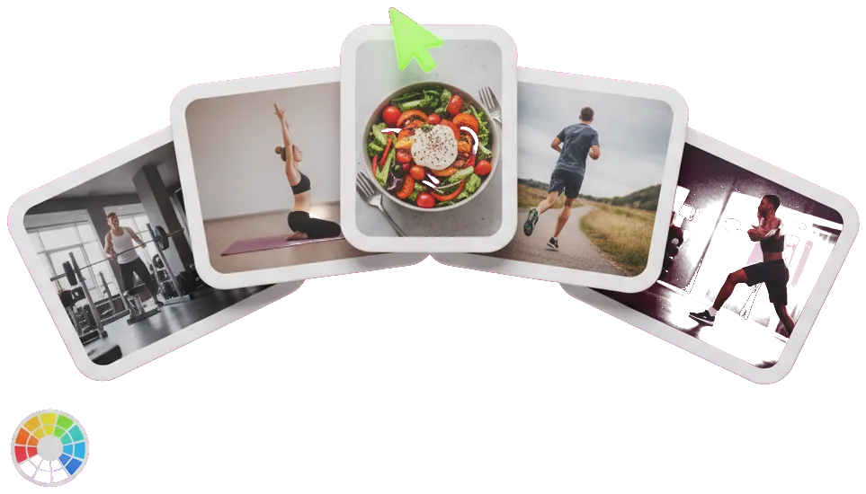 Fanned website theme cards previewing seven health and fitness niches