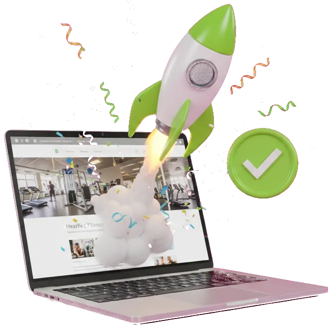 A laptop with a rocket launching out of the screen and a published checkmark badge
