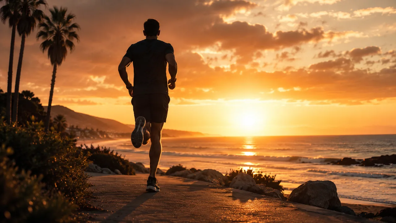 Person running at sunrise by the ocean