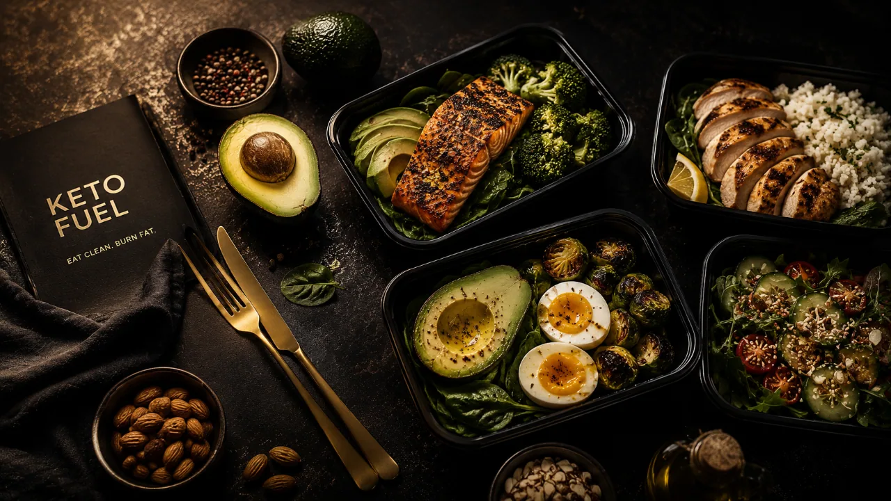 Dark moody keto meal flatlay