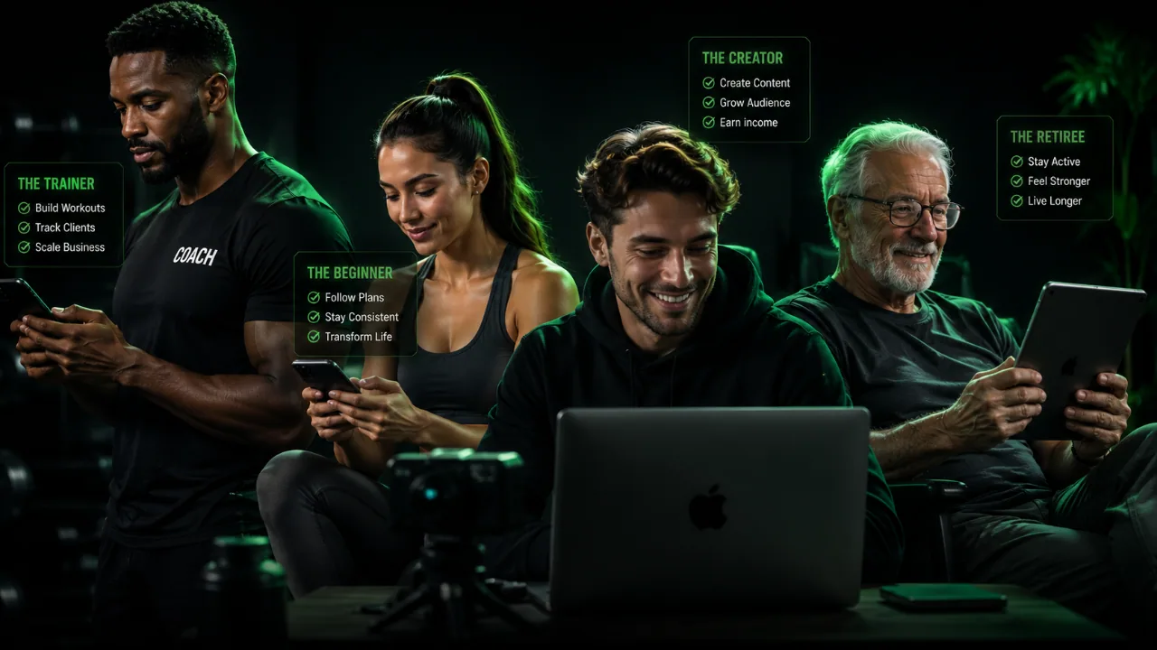 Diverse people — trainer, beginner, creator, retiree — using ViralVault AI