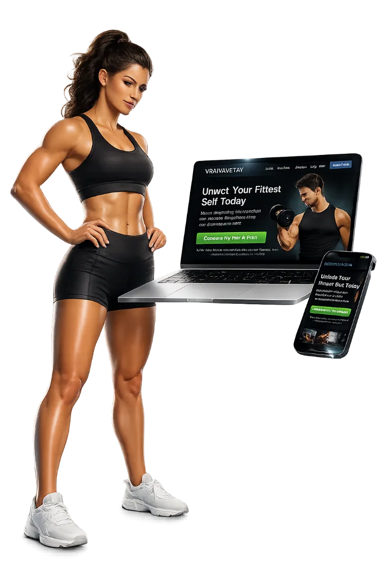 Fit athlete beside a laptop and phone showing the ViralVault AI fitness website