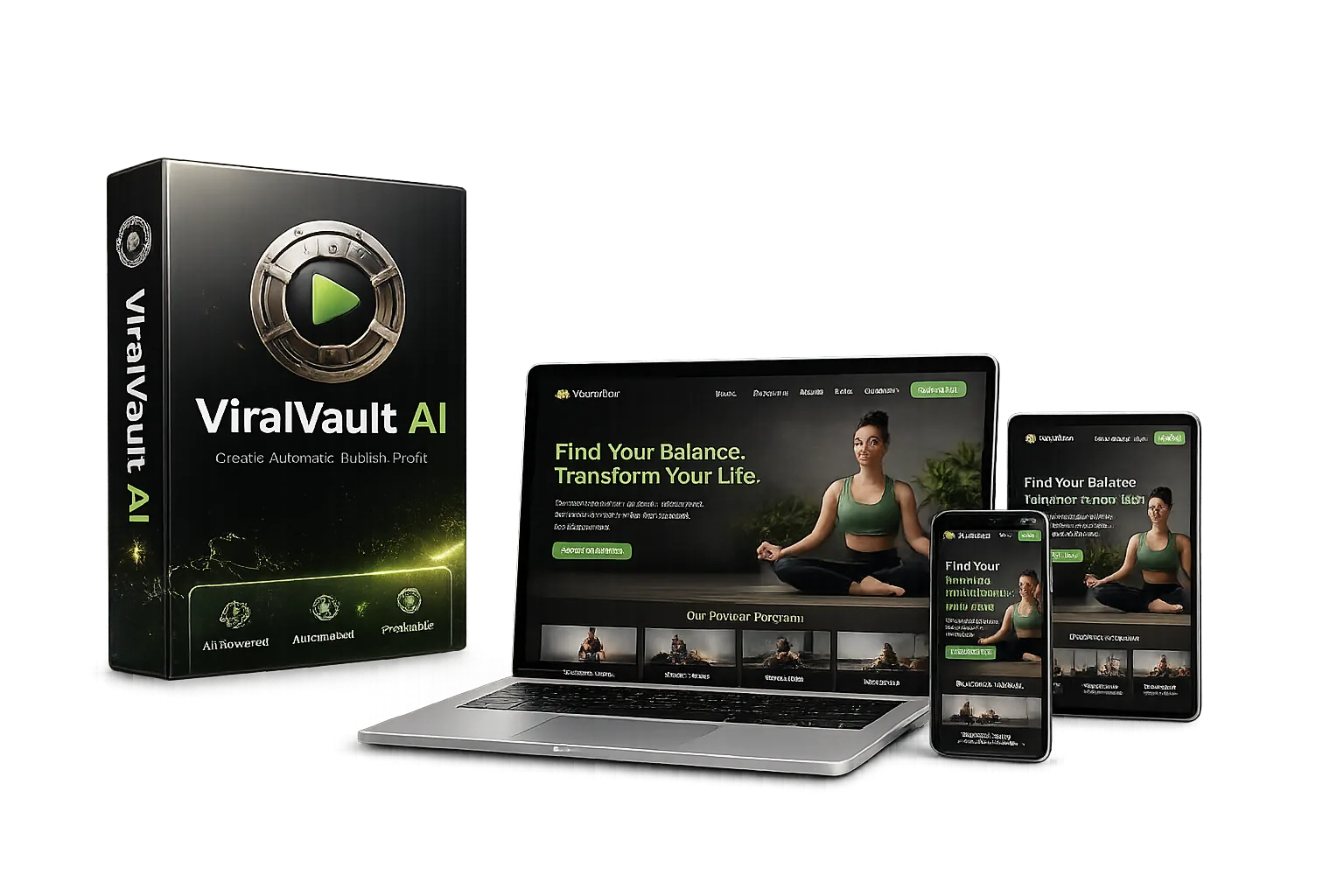 Premium ViralVault AI software box next to a laptop, tablet and phone all showing the health site