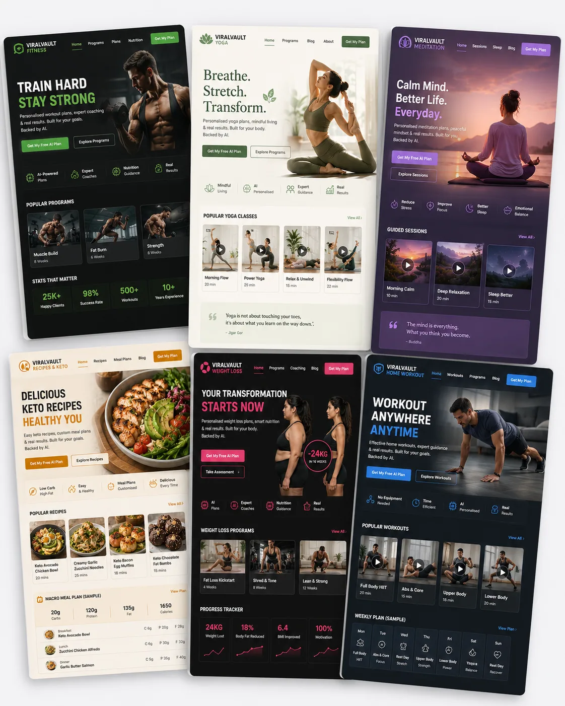 Six fitness website screenshots fanned like cards — gym, yoga, meditation, keto, weight loss, home workout
