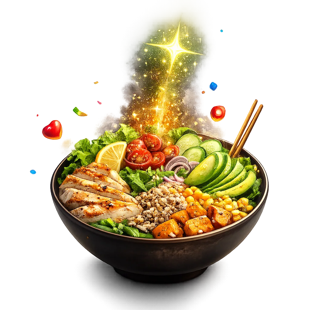 Fresh salad bowl with a glowing AI sparkle above it