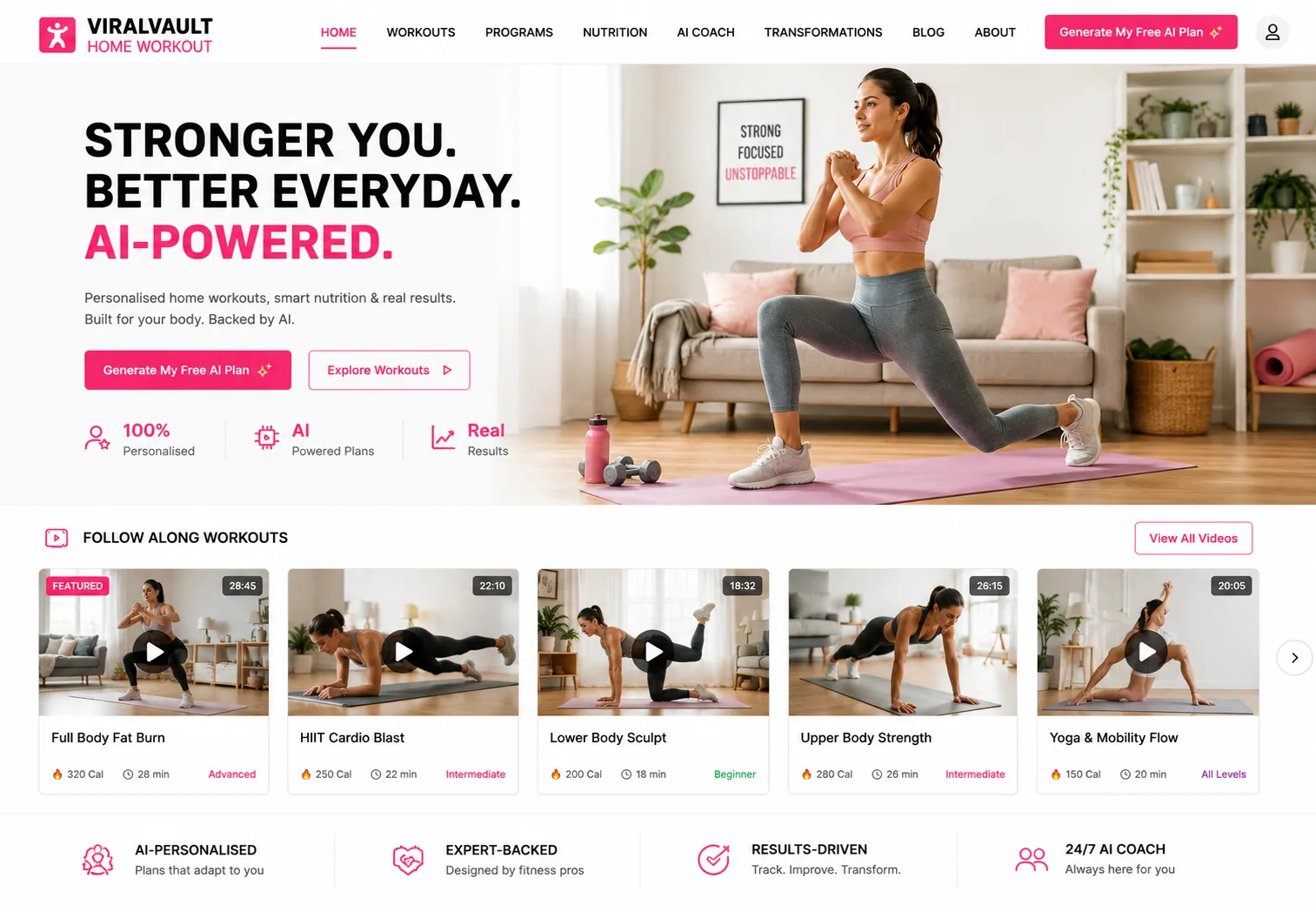 A published Home Workout website built with ViralVault AI