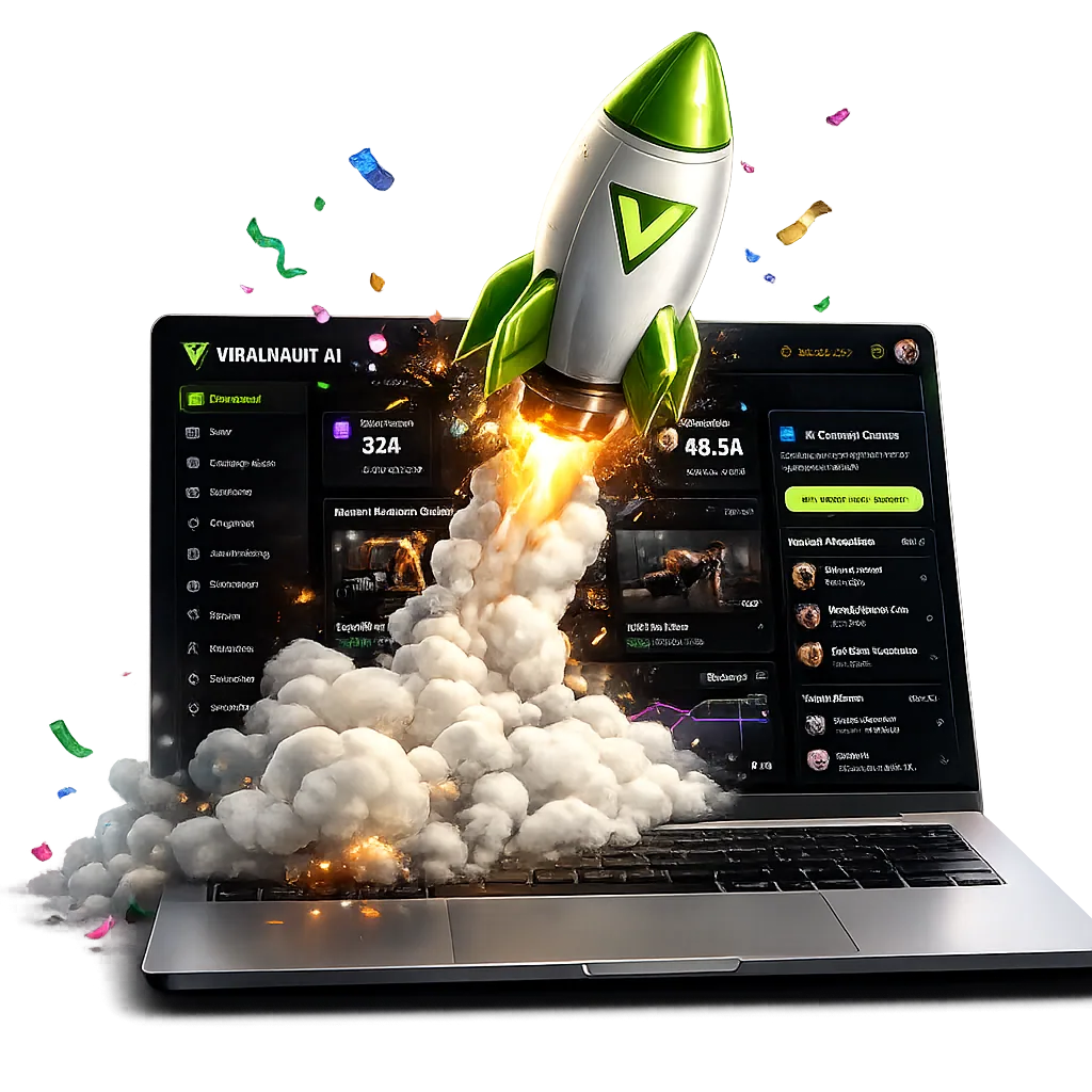Rocket launching from a laptop showing a ViralVault AI fitness website