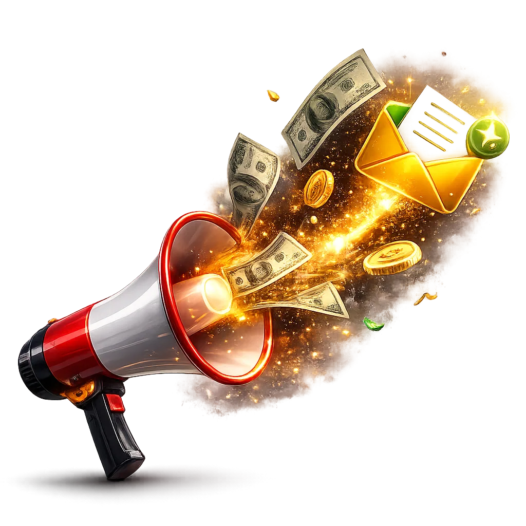 Megaphone with dollar bills and a lead-magnet email flying out