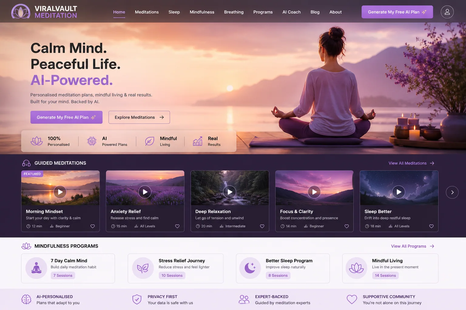 A published Meditation website built with ViralVault AI