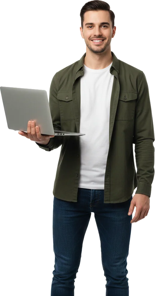 A ViralVault AI member with the site builder open on a laptop
