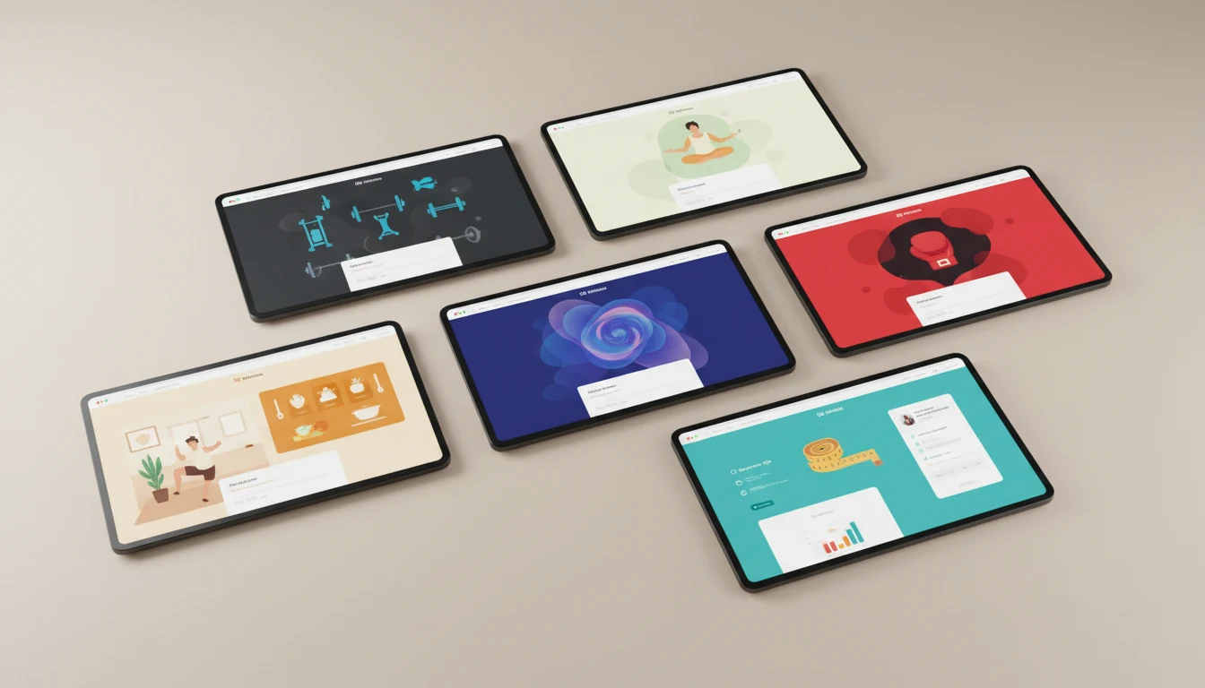Six real ViralVault AI sites side by side: gym, boxing, yoga, weight loss, meditation and recipes